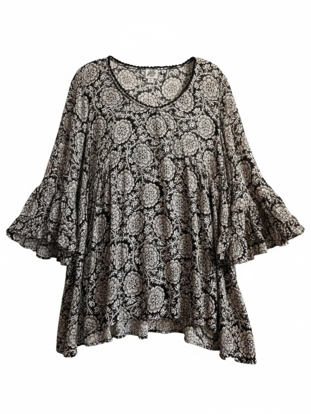 Ivy‎ Jane Black White Floral Babydoll Tunic Top M Boho Ruffle Bell Sleeve
